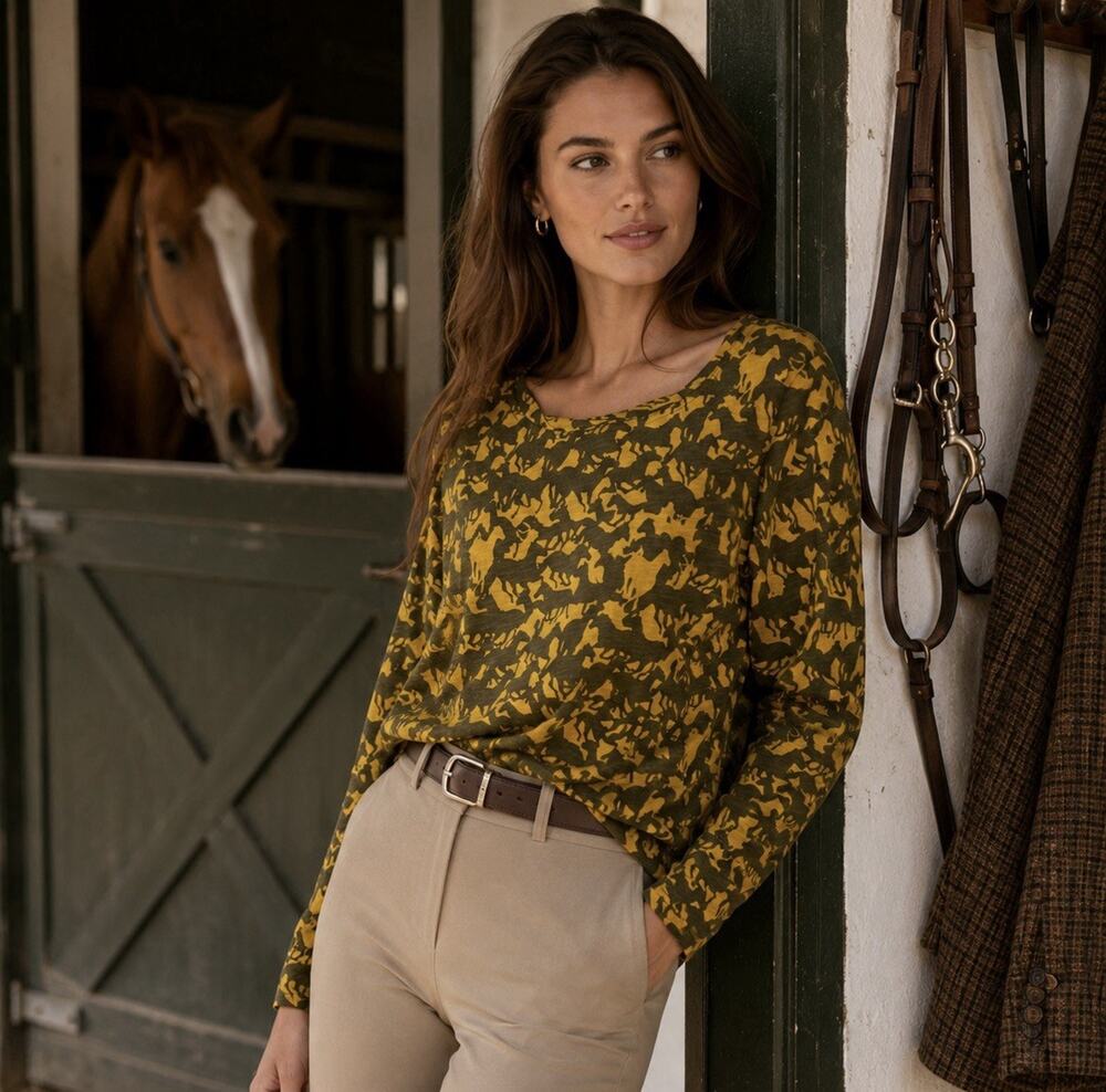 Sundance Horse Print Cotton Top Equestrian Western Ranch Long Sleeve Size Large
